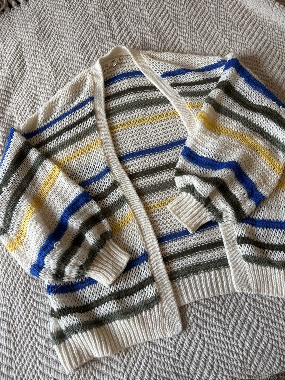 aerie Cream Striped Open-Front Cardigan with Blue, Olive & Yellow Accents